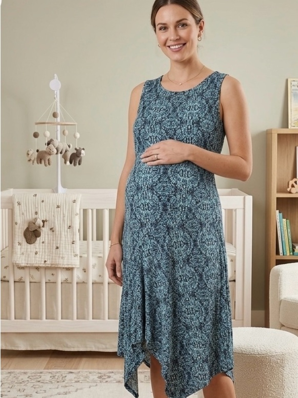 Motherhood Maternity Dress Blue Sleeveless Teal Patterned Asymmetric Size M